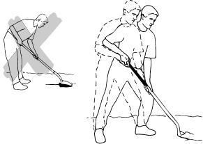An illustration of proper shoveling positions. A figure is shown hunched forward, lifting a shovel with an X through the picture. Another figure is shown using proper form to bend forward with the hips while shoveling.