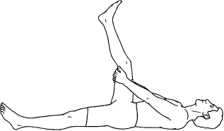 A stretching illustration shows a figure lying on their back, with their left leg extended in the air. They have their hands on the back of their knee to stretch their hamstring muscle.
